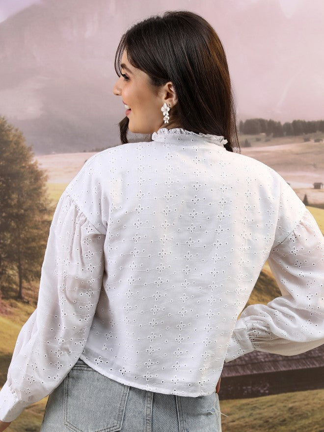 Tokyo Talkies Women White Self Design Blouson Top - White - Image 3