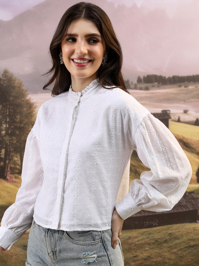 Tokyo Talkies Women White Self Design Blouson Top - White - Image 4