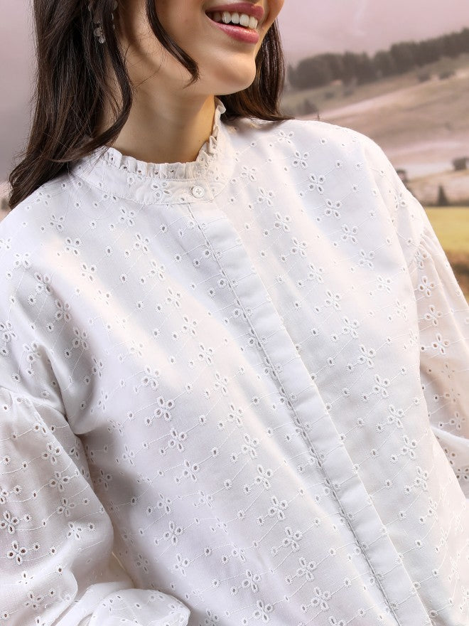 Tokyo Talkies Women White Self Design Blouson Top - White - Image 5