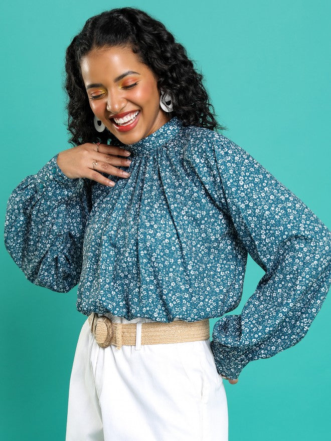 Tokyo Talkies Women Teal Printed Regular Top - Teal - Image 4