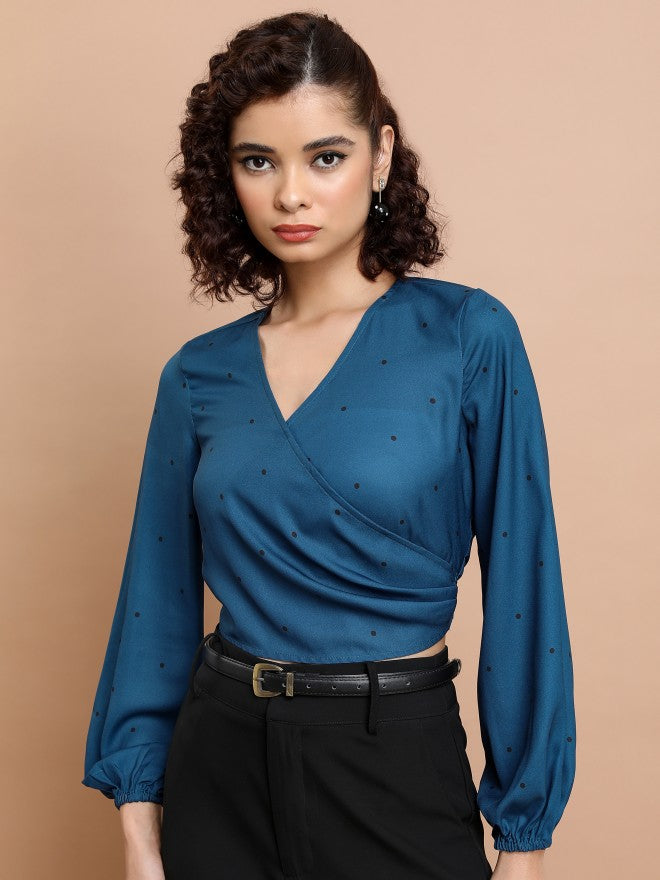 Tokyo Talkies Women Blue Printed Wrap Top - Blue - Image 1