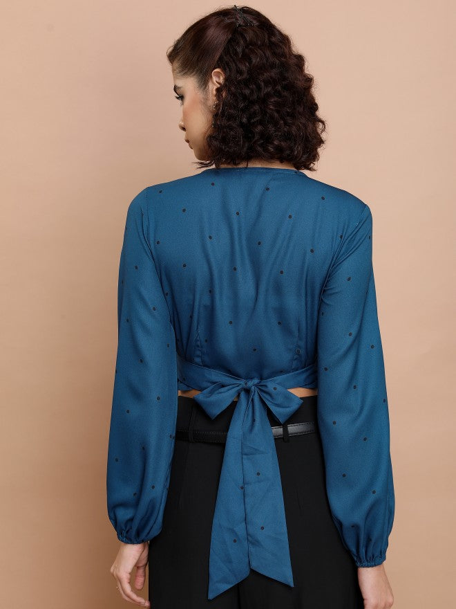 Tokyo Talkies Women Blue Printed Wrap Top - Blue - Image 3
