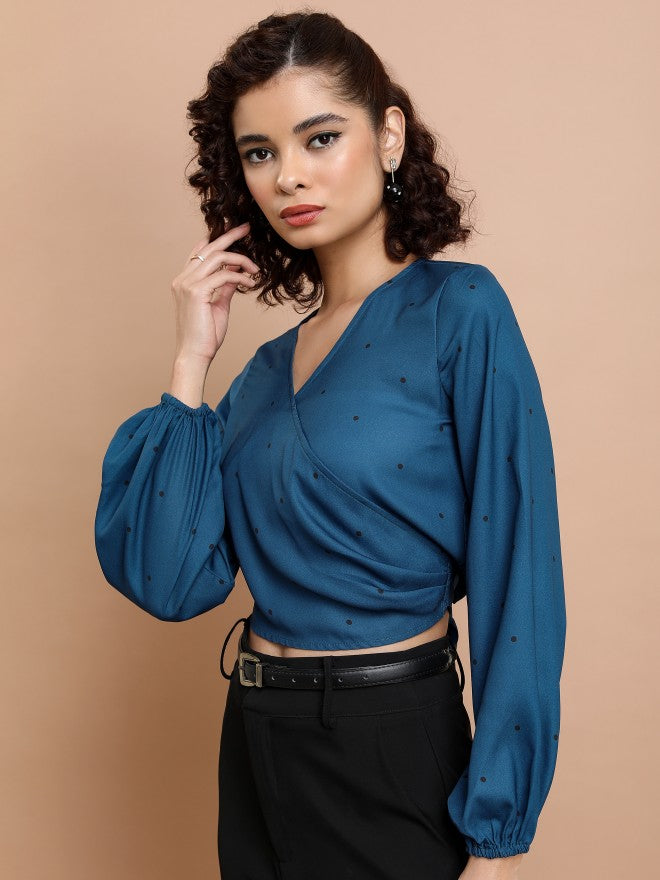 Tokyo Talkies Women Blue Printed Wrap Top - Blue - Image 4