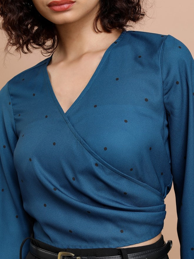 Tokyo Talkies Women Blue Printed Wrap Top - Blue - Image 5