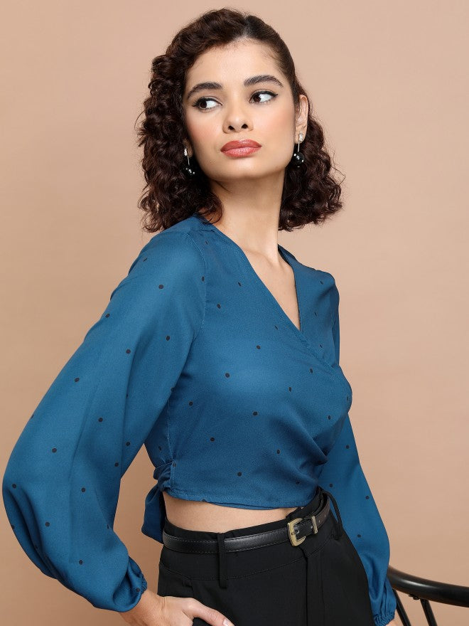 Tokyo Talkies Women Blue Printed Wrap Top - Blue - Image 6