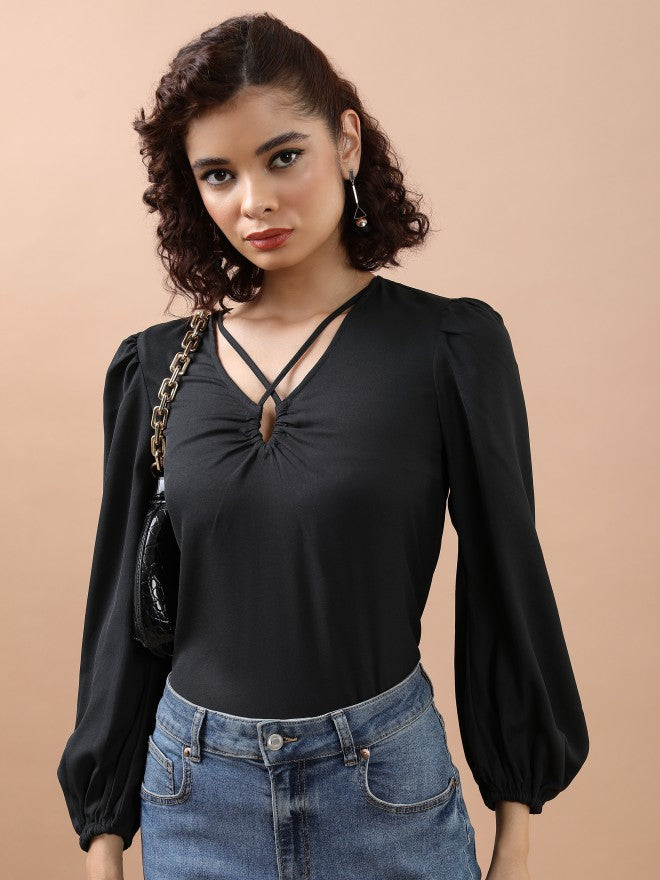 Tokyo Talkies Women Black Solid Blouson Top - Black - Image 1