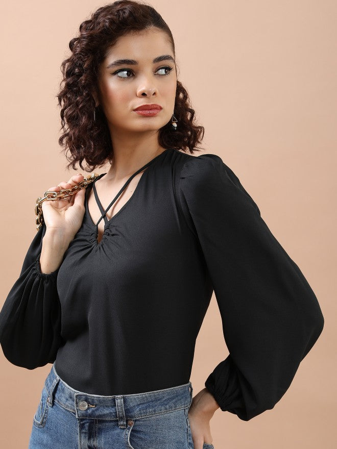 Tokyo Talkies Women Black Solid Blouson Top - Black - Image 4