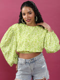 Tokyo Talkies Women Lime Green Printed Bardot Top - Green - Image 1