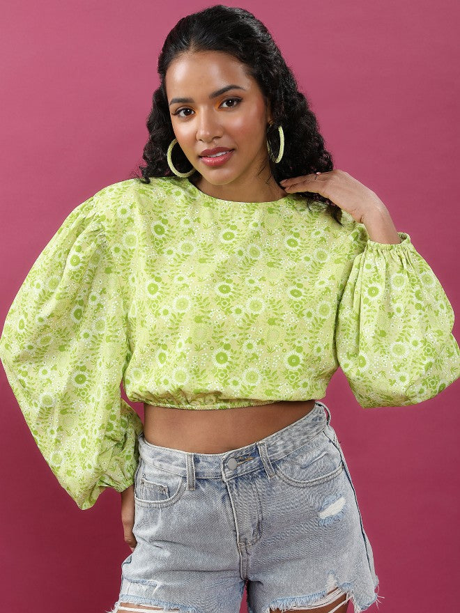 Tokyo Talkies Women Lime Green Printed Bardot Top - Green - Image 1