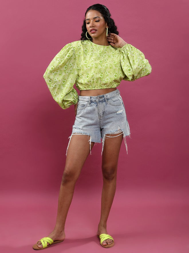 Tokyo Talkies Women Lime Green Printed Bardot Top - Green - Image 2