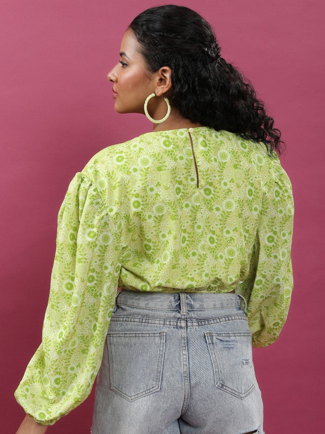 Tokyo Talkies Women Lime Green Printed Bardot Top - Green - Image 3
