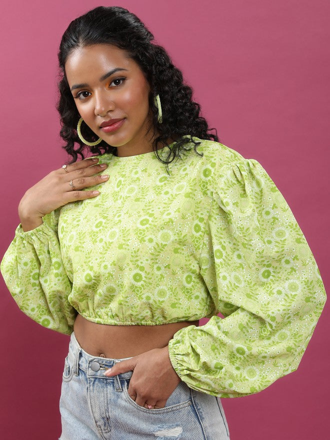 Tokyo Talkies Women Lime Green Printed Bardot Top - Green - Image 4