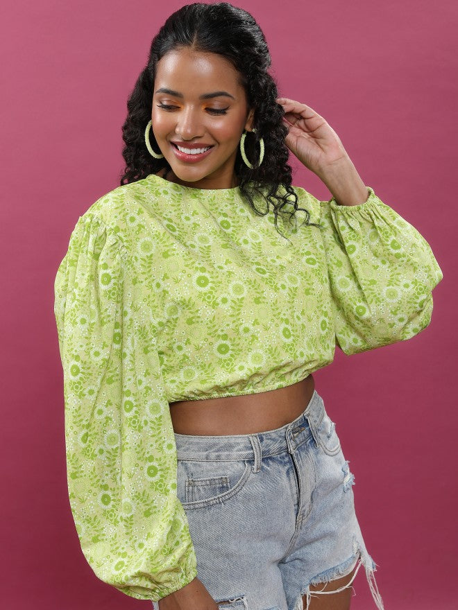 Tokyo Talkies Women Lime Green Printed Bardot Top - Green - Image 6