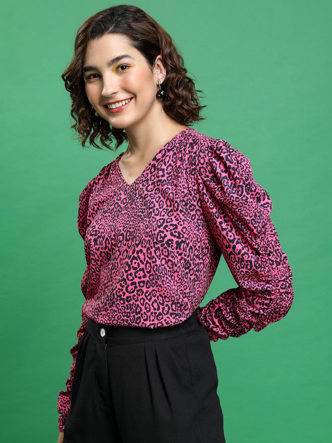 Tokyo Talkies Women Pink Printed Blouson Top - Pink - Image 4