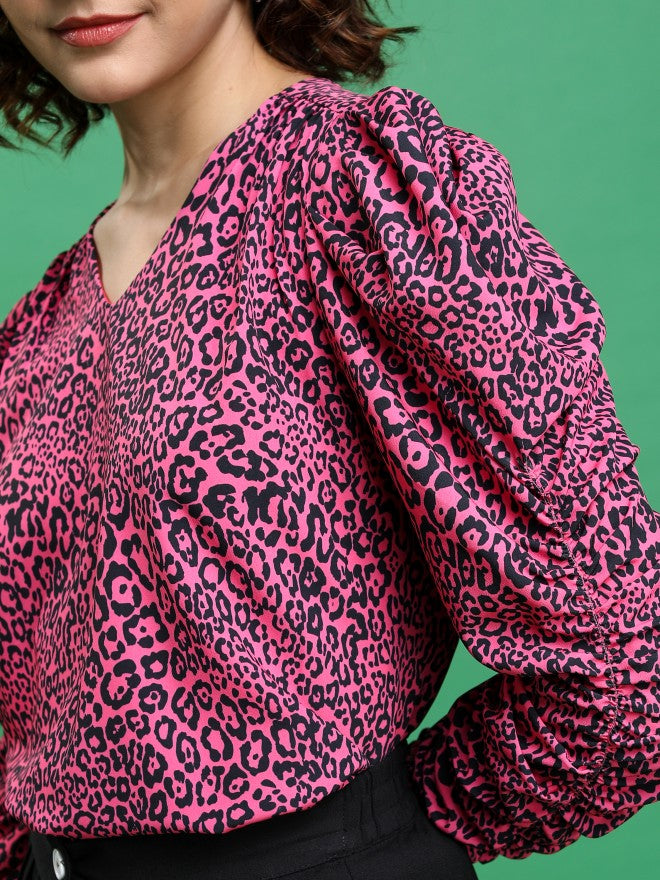 Tokyo Talkies Women Pink Printed Blouson Top - Pink - Image 5