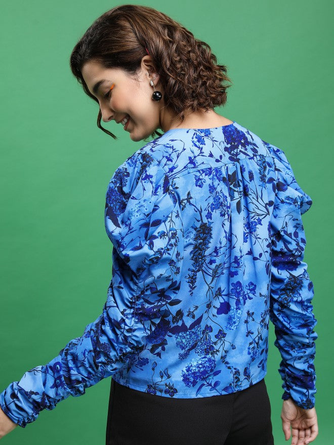Tokyo Talkies Women Blue Printed Blouson Top - Blue - Image 3