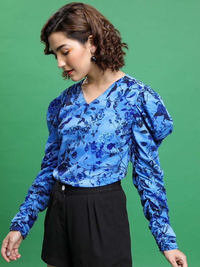 Tokyo Talkies Women Blue Printed Blouson Top - Blue - Image 4