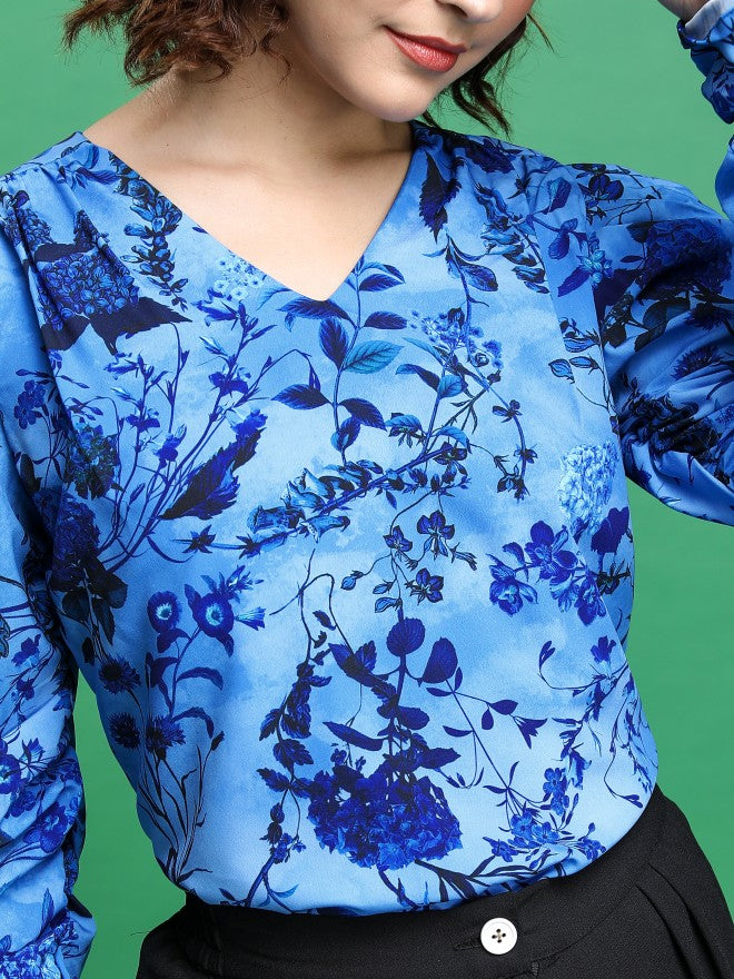 Tokyo Talkies Women Blue Printed Blouson Top - Blue - Image 5