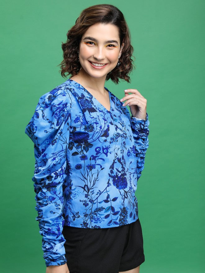 Tokyo Talkies Women Blue Printed Blouson Top - Blue - Image 6