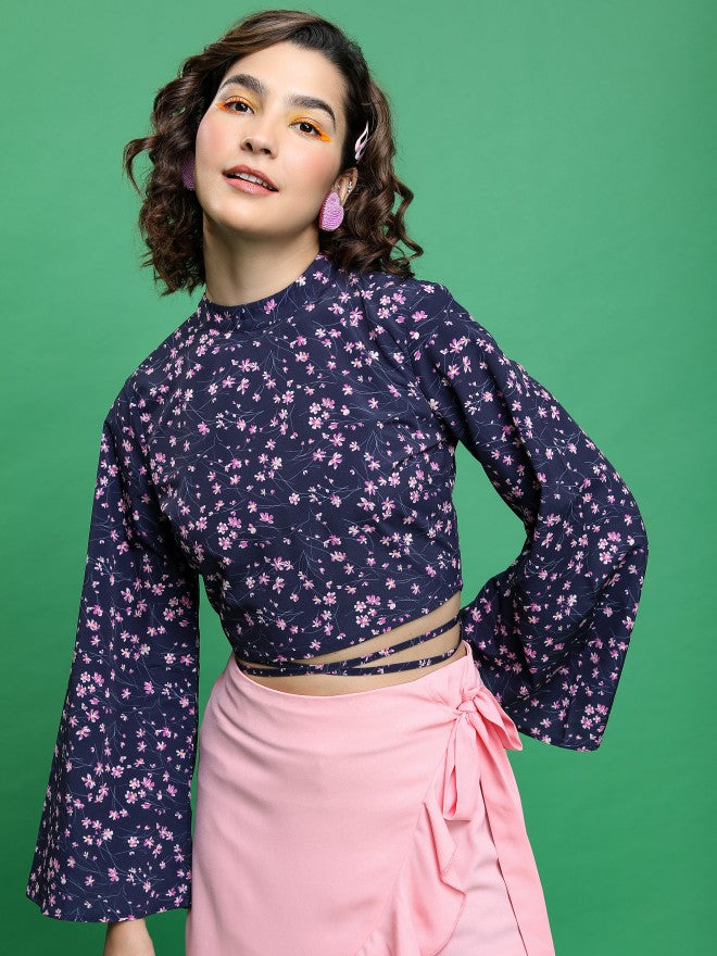 Tokyo Talkies Women Blue Printed Bardot Top - Blue - Image 1