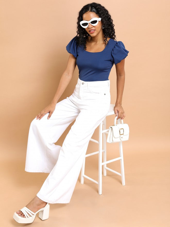 Tokyo Talkies Women Navy Blue Solid Fitted Top - Navy Blue - Image 2