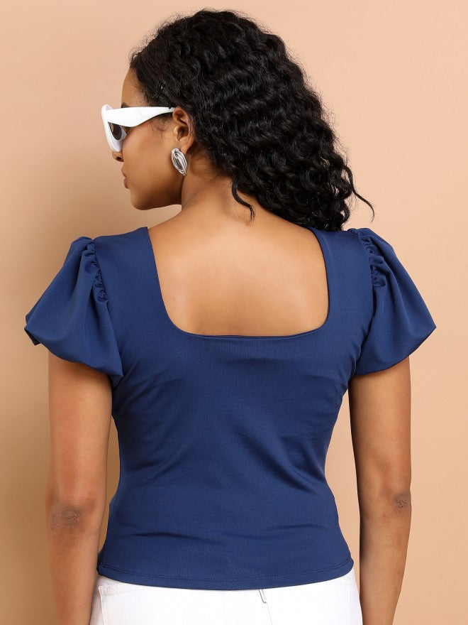 Tokyo Talkies Women Navy Blue Solid Fitted Top - Navy Blue - Image 3