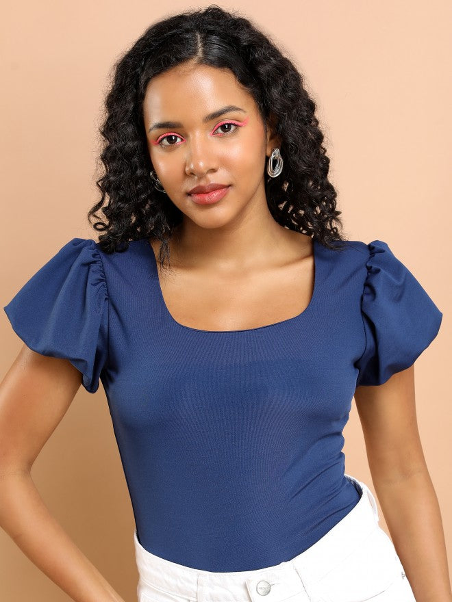 Tokyo Talkies Women Navy Blue Solid Fitted Top - Navy Blue - Image 4