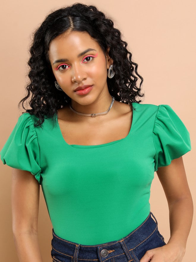 Tokyo Talkies Women Green Solid Fitted Top - Green - Image 1