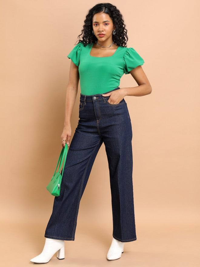 Tokyo Talkies Women Green Solid Fitted Top - Green - Image 2