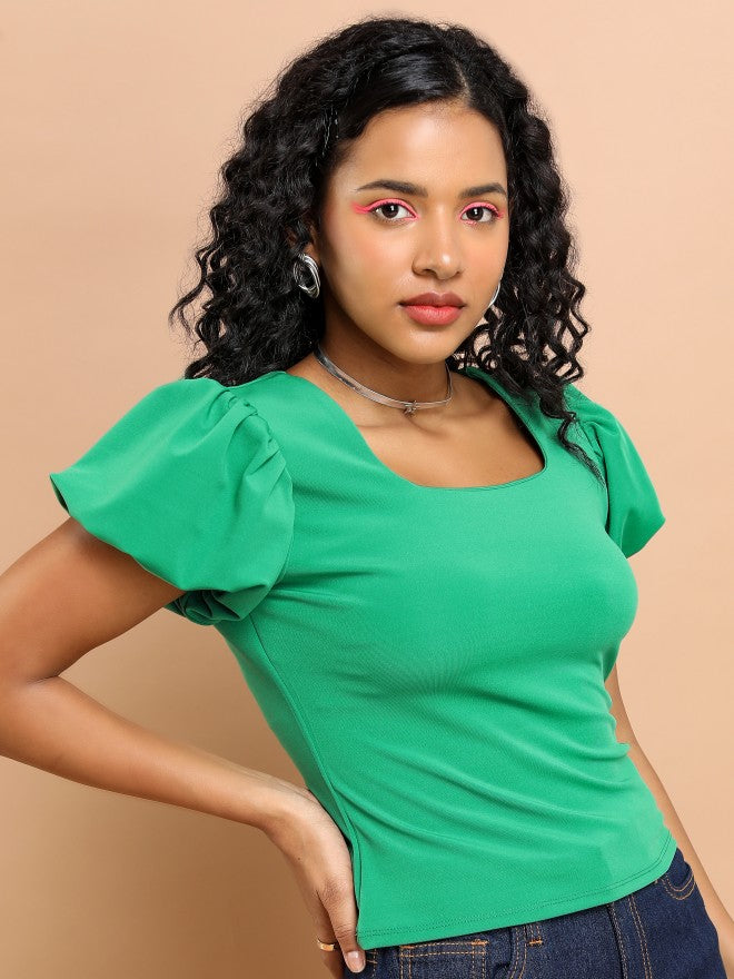 Tokyo Talkies Women Green Solid Fitted Top - Green - Image 6