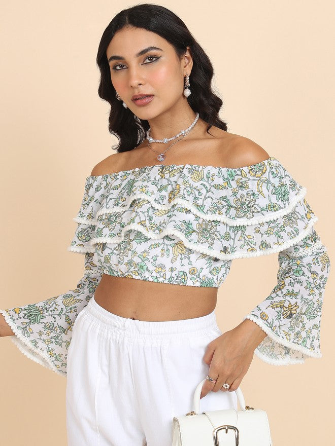 Tokyo Talkies Women White Printed Bardot Top - White - Image 1