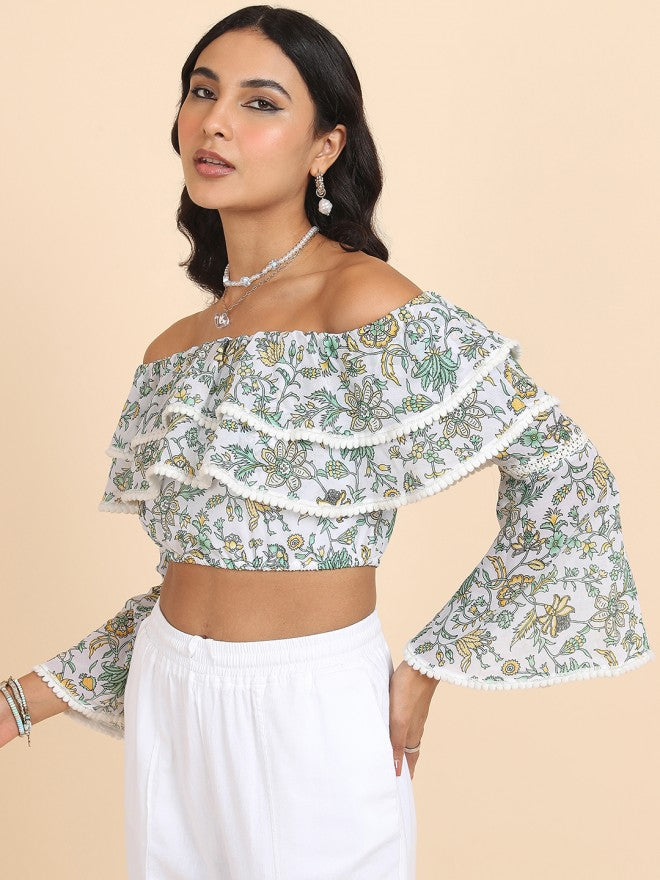Tokyo Talkies Women White Printed Bardot Top - White - Image 4