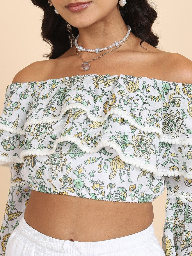 Tokyo Talkies Women White Printed Bardot Top - White - Image 5