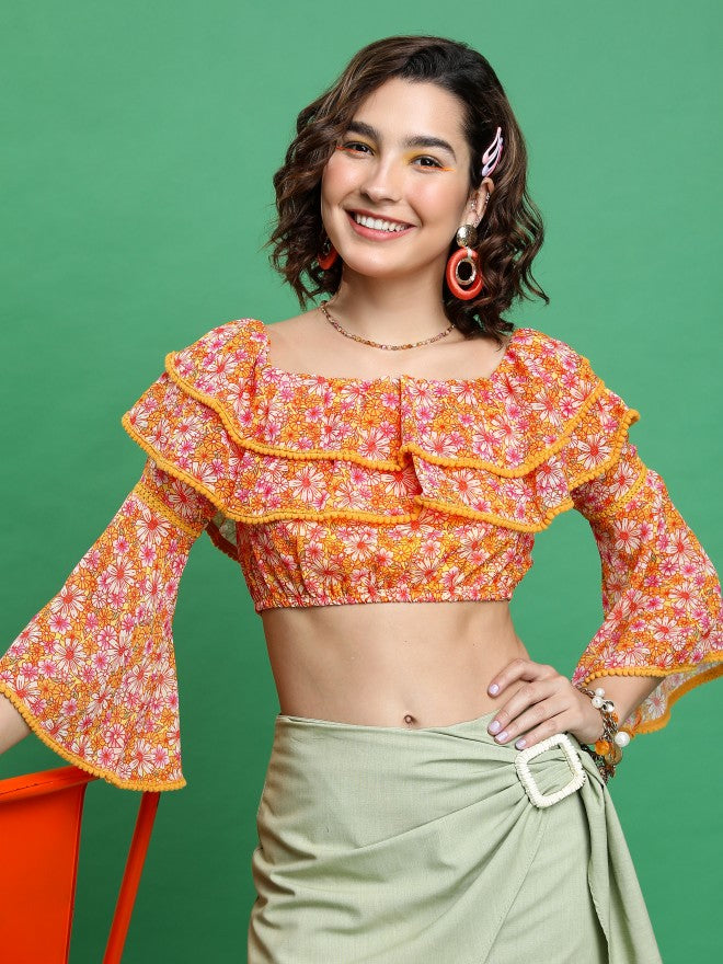 Tokyo Talkies Women Pink/White/Multi Printed Bardot Top - Pink - Image 1