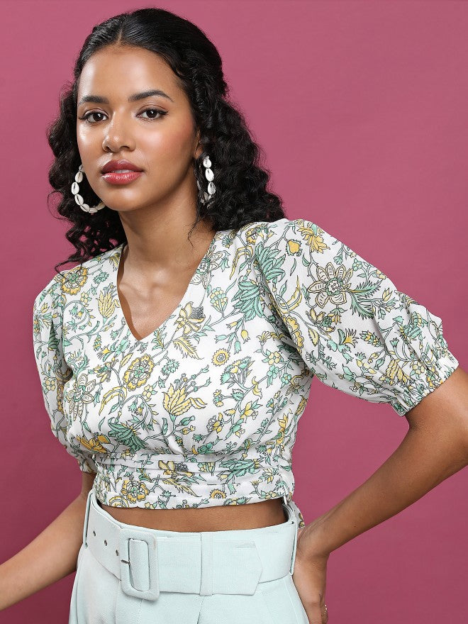 Tokyo Talkies Women Green Printed Blouson Top - Green - Image 4