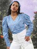 Tokyo Talkies Women Blue Printed Regular Top - Blue - Image 1