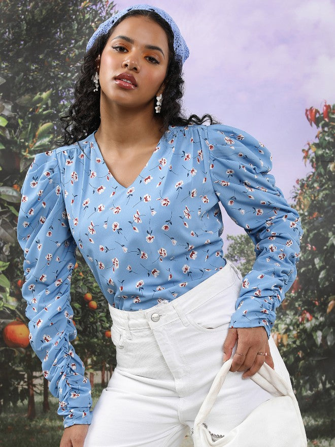Tokyo Talkies Women Blue Printed Regular Top - Blue - Image 1