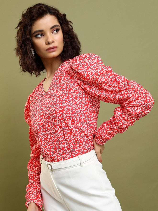 Tokyo Talkies Women Red Printed Regular Top - Red - Image 4