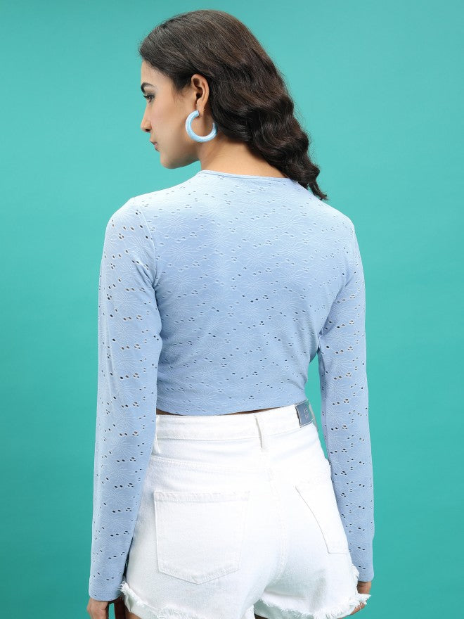 Tokyo Talkies Women Blue Solid Fitted Top - Blue - Image 3