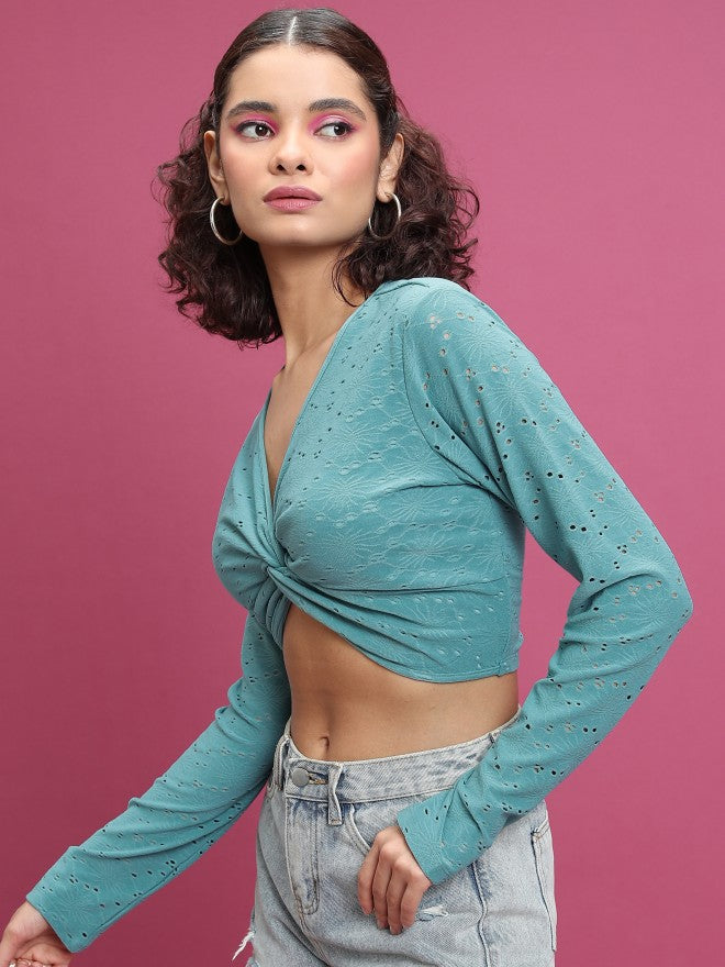 Tokyo Talkies Women Sage Self Design Regular Top - Sage - Image 4