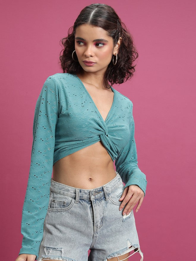 Tokyo Talkies Women Sage Self Design Regular Top - Sage - Image 6