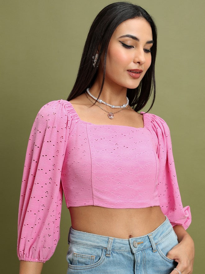 Tokyo Talkies Women Pink Self Design Fitted Top - Pink - Image 1