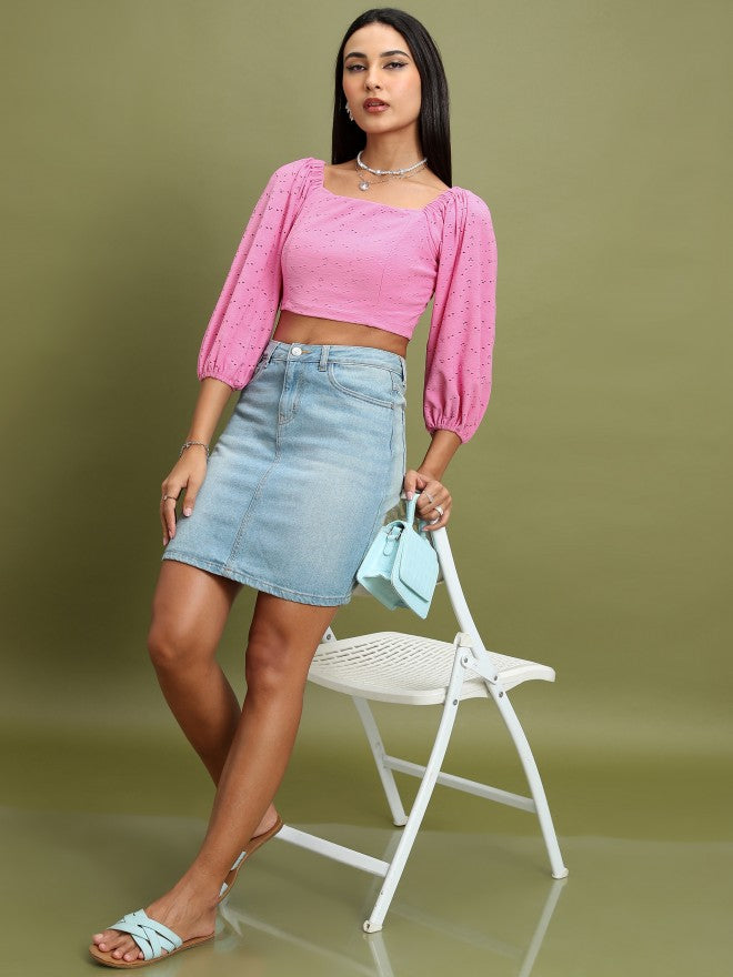 Tokyo Talkies Women Pink Self Design Fitted Top - Pink - Image 2