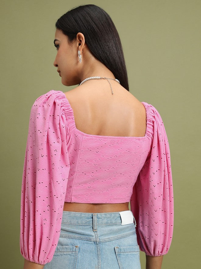 Tokyo Talkies Women Pink Self Design Fitted Top - Pink - Image 3