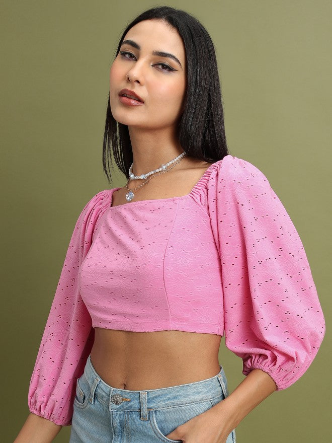 Tokyo Talkies Women Pink Self Design Fitted Top - Pink - Image 4