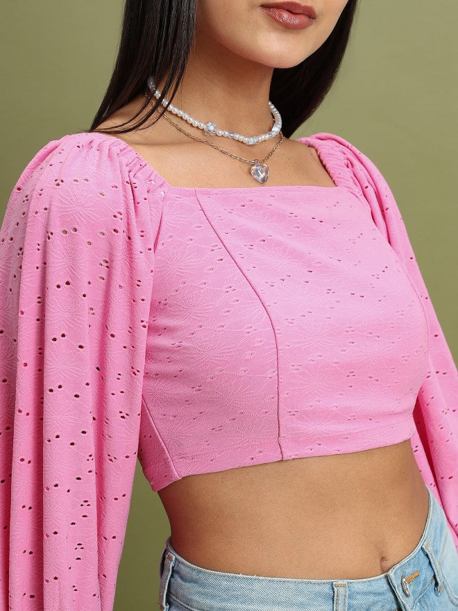Tokyo Talkies Women Pink Self Design Fitted Top - Pink - Image 5