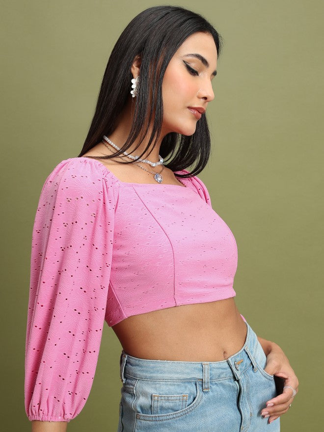 Tokyo Talkies Women Pink Self Design Fitted Top - Pink - Image 6