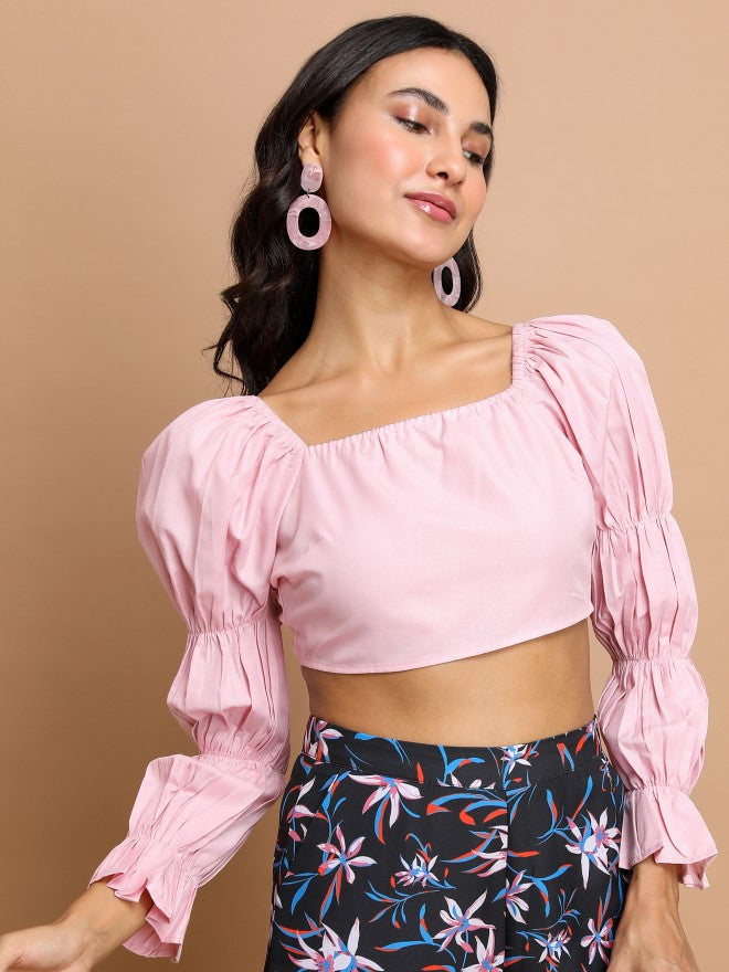 Tokyo Talkies Women Pink Solid Bardot Top - Pink - Image 1