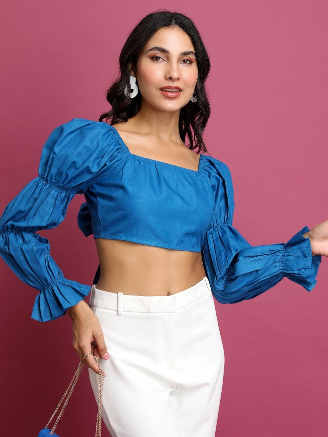 Tokyo Talkies Women Blue Solid Bardot Top - Blue - Image 1