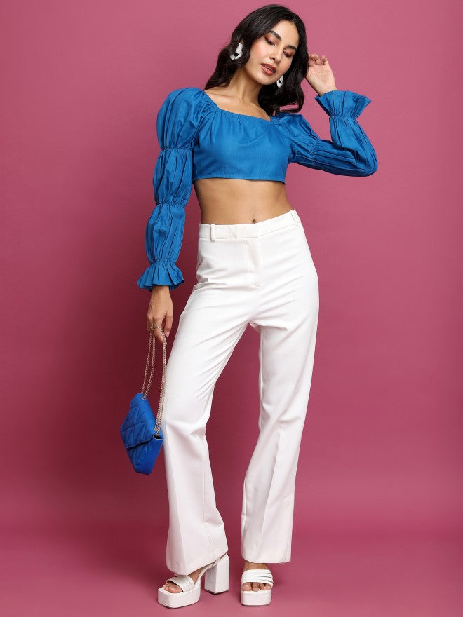 Tokyo Talkies Women Blue Solid Bardot Top - Blue - Image 2